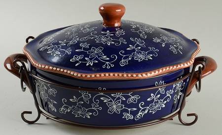 Floral Lace-Blue 2 Qt Covered Casserole & Metal Stand
