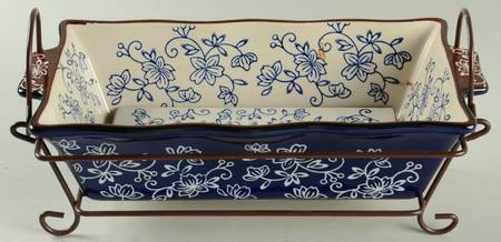Floral Lace-Blue Loaf Pan with Drip Tray & Metal Stand Set