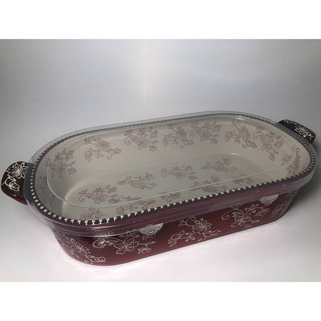 Floral Lace Cranberry 15" Oval Baker w/Plastic Lid, Lid-It & Metal Stand