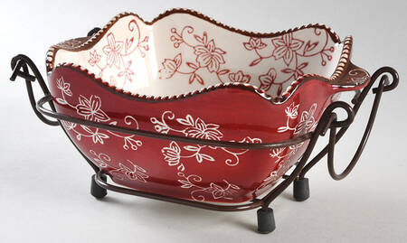 Floral Lace Cranberry 1 Qt Square Bake & Serve Bowl with Metal Stand