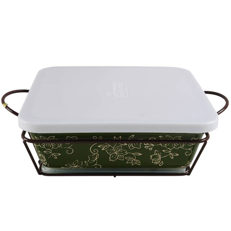 Floral Lace Green 9' Square Baker with Metal Stand, Glass Trivet & Storage Cover by Temp-Tations