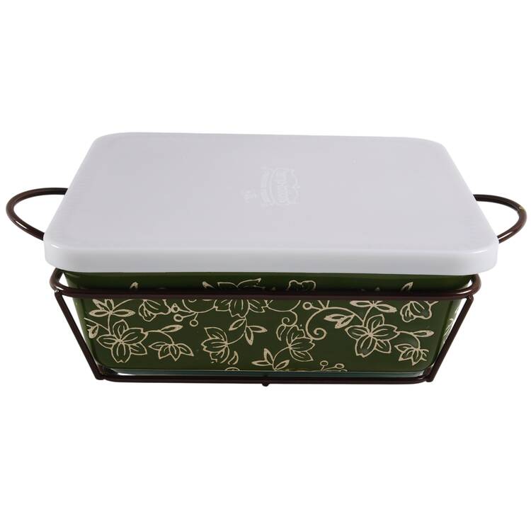 Floral Lace Green 8' Square Baker with Metal Stand, Glass Trivet & Storage Cover by Temp-Tations