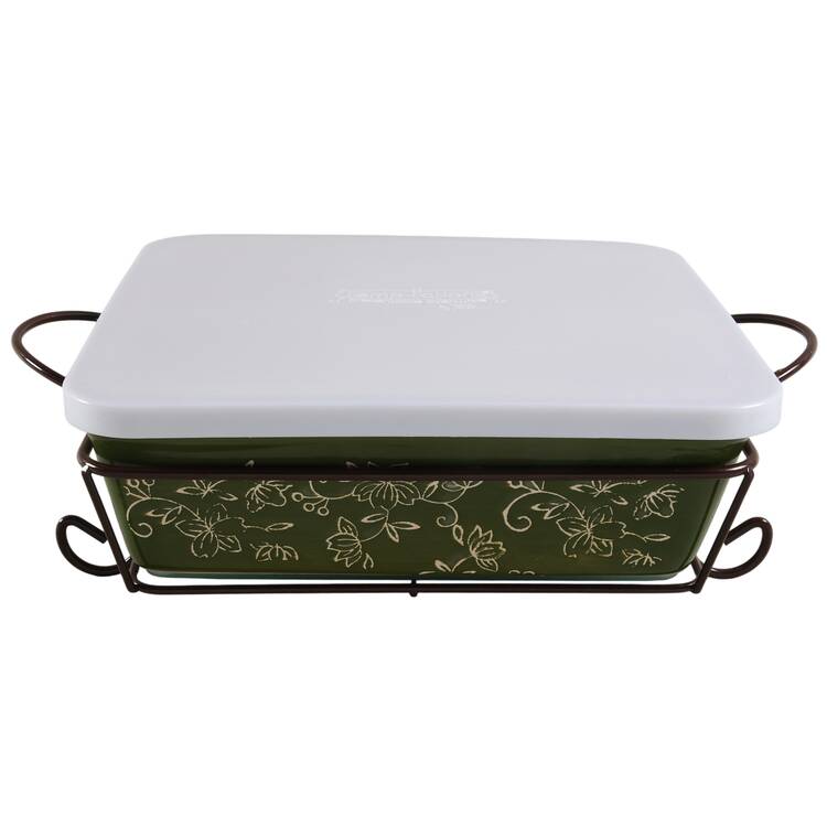 Floral Lace Green 9' Square Baker with Metal Stand, Glass Trivet & Storage Cover by Temp-Tations