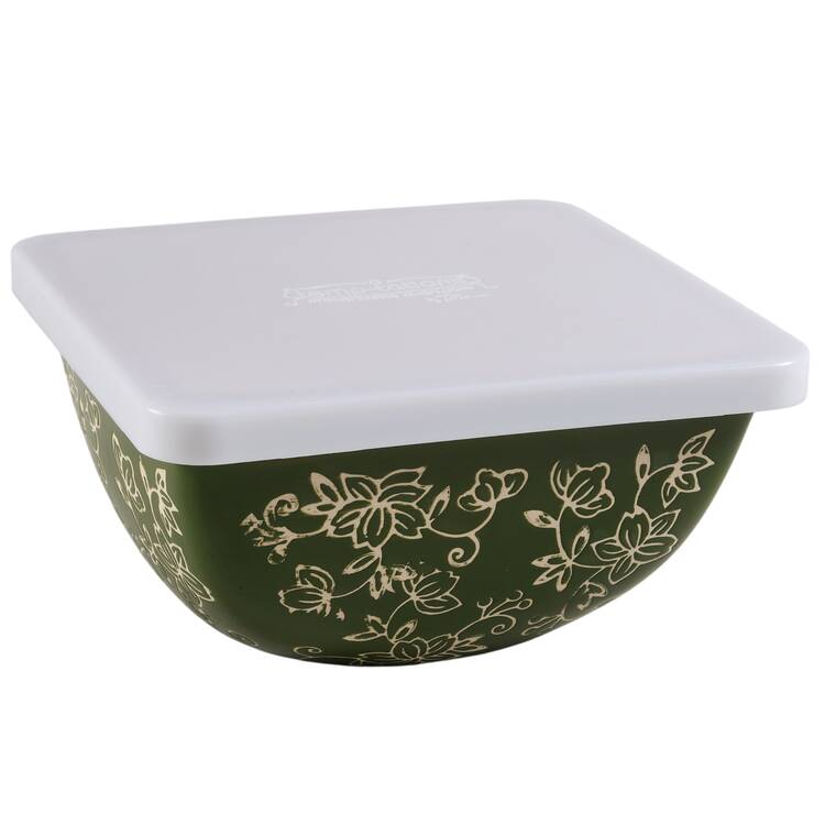 Floral Lace Green 6" Square Mixing Bowl & Tabless Plas Storage Cover by Temp-Tations