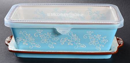 Floral Lace Light Blue Loaf Pan with Plastic Lid & Tray
