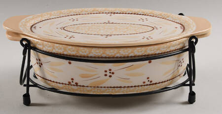 Old World Cream 11" Oval Tab Handled Baker with Lidit & Stand