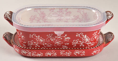 Floral Lace Red 8" Individual Oval Baker w/PLastic Lid & Lid-It