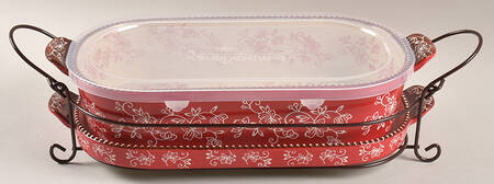 Floral Lace Red 15" Oval Baker w/Plastic Lid, Lid-It & Metal Stand
