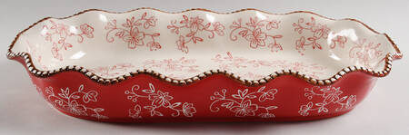 Floral Lace Red 15" Ruffled Oval Serving Bowl