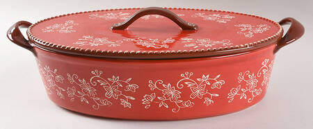 Floral Lace Red 3 Quart Oval Covered Casserole