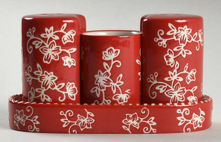 Floral Lace Red 4-Piece Salt & Pepper Set/Toothpick Holder and Tray
