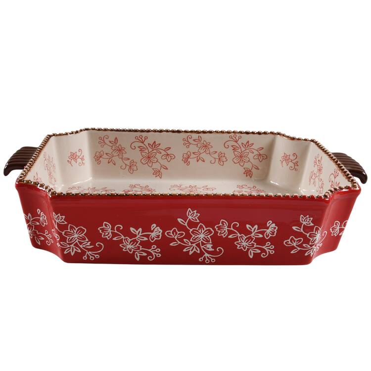 Floral Lace Red 16" Rectangular Tab Handled Baker