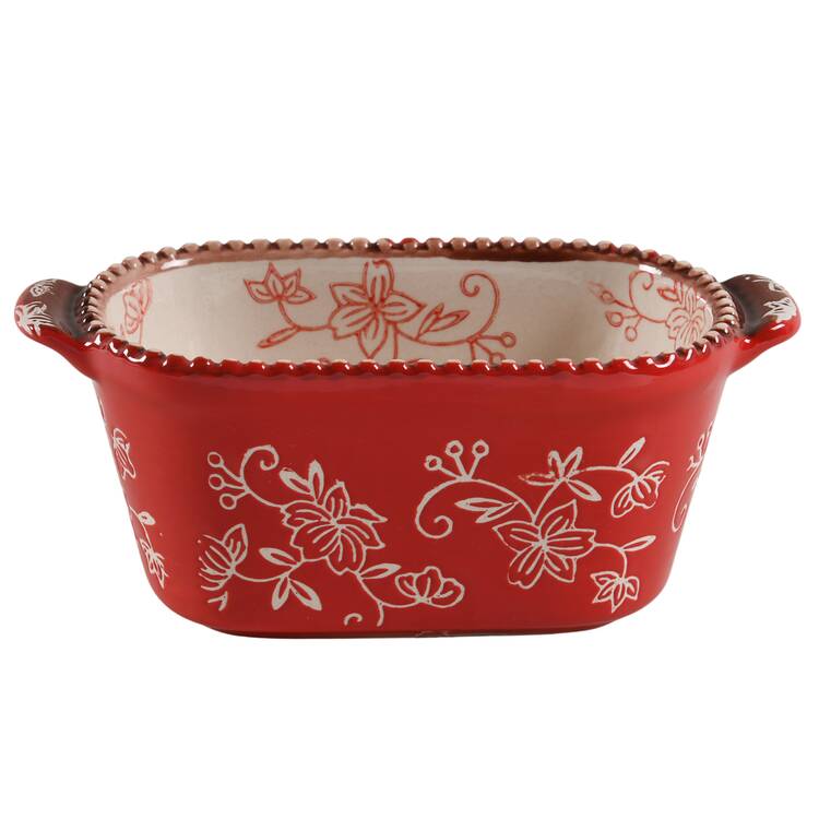 Floral Lace Red Squoval Tab Handled Ramekin