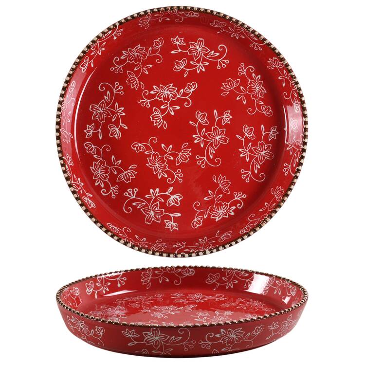 Floral Lace Red 12" Deep Round Platter (Lid-It) by Temp-Tations