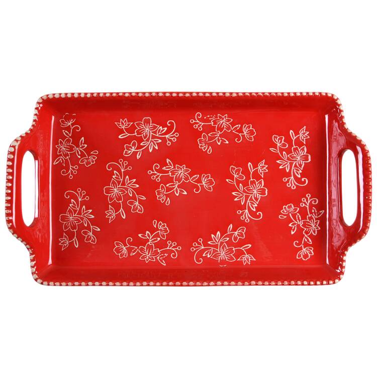 Floral Lace Red 13" Rectangular Tray with Upswept Handles