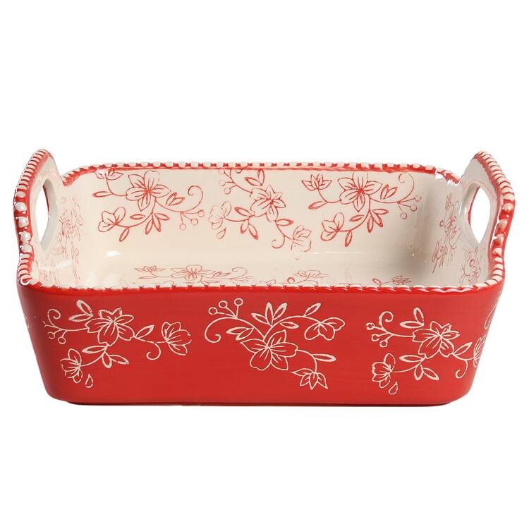 Floral Lace Red 9" Square Baker with Upswept Handles