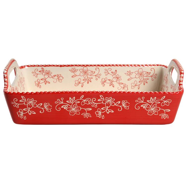 Floral Lace Red 12" Rectangular Baker with Upswept Handles