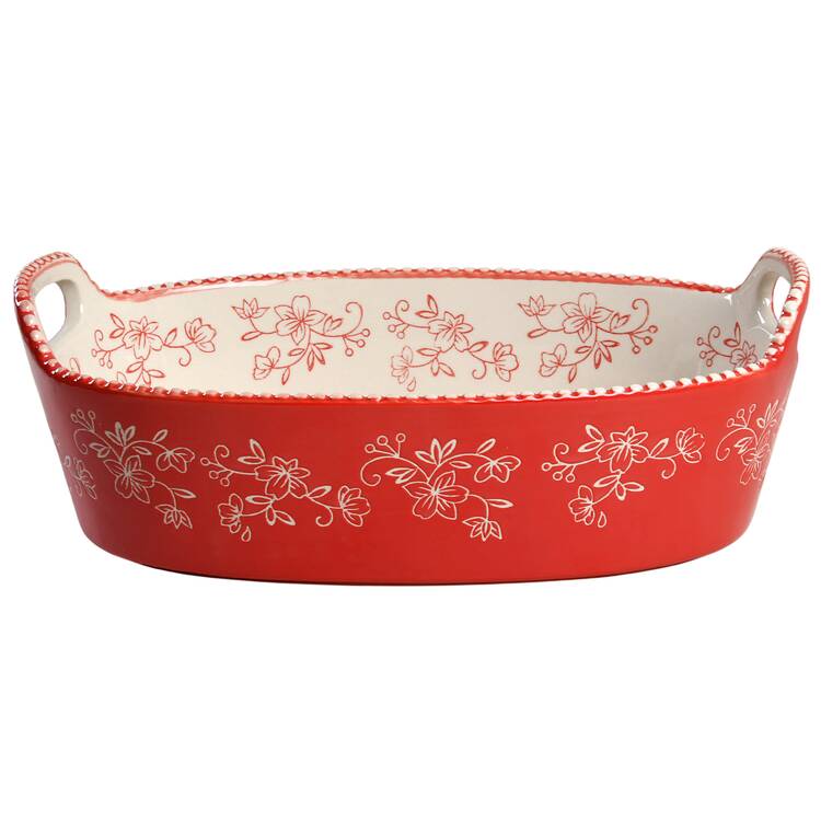 Floral Lace Red 12" Oval Baker with Upswept Handles