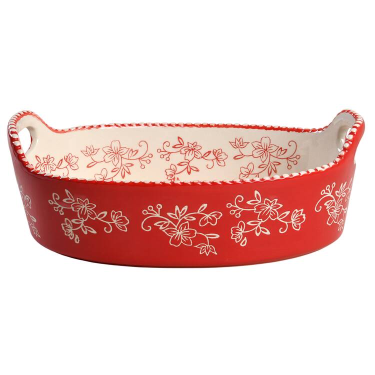 Floral Lace Red 11" Oval Baker with Upswept Handles