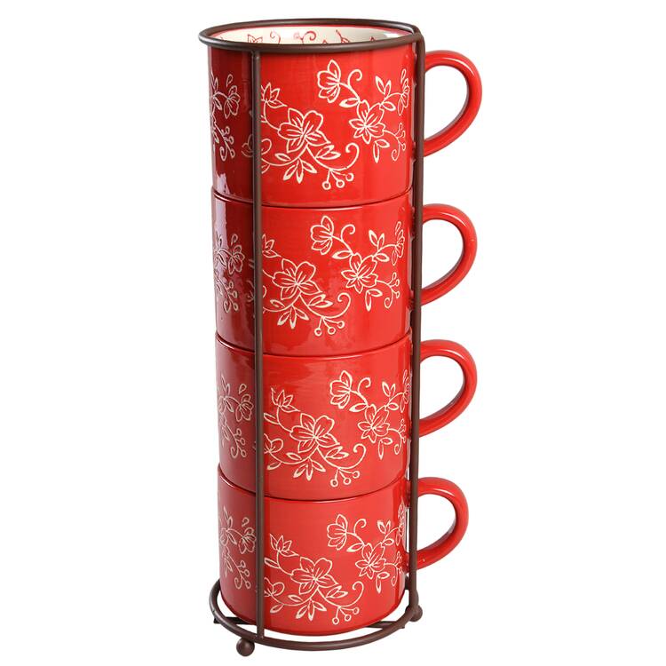 Floral Lace Red Stackable Mug - Set of 4 & Metal Holder
