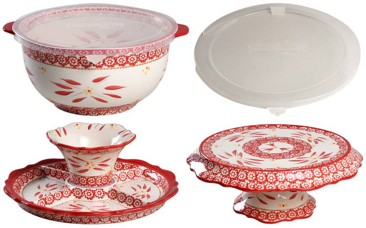 Old World Red Convertible Set (Cake Stand/Chip & Dip Pedestal w/Dome & Plastic Lid) by Temp-Tations