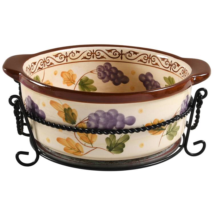 Vineyard 10" Round Handled Baker with Glass Trivet & Metal Stand