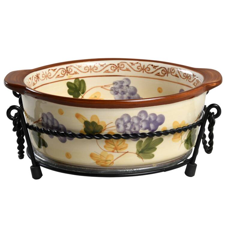 Vineyard 9" Round Handled Baker with Glass Trivet & Metal Stand