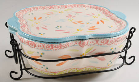 Old World Springfetti 2.5 Quart Square Casserole with Lid & Metal Holder