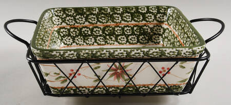 Old World Poinsettia 8" Square Baker & Metal Stand
