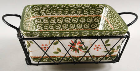 Old World Poinsettia 7" Square Baker & Metal Stand