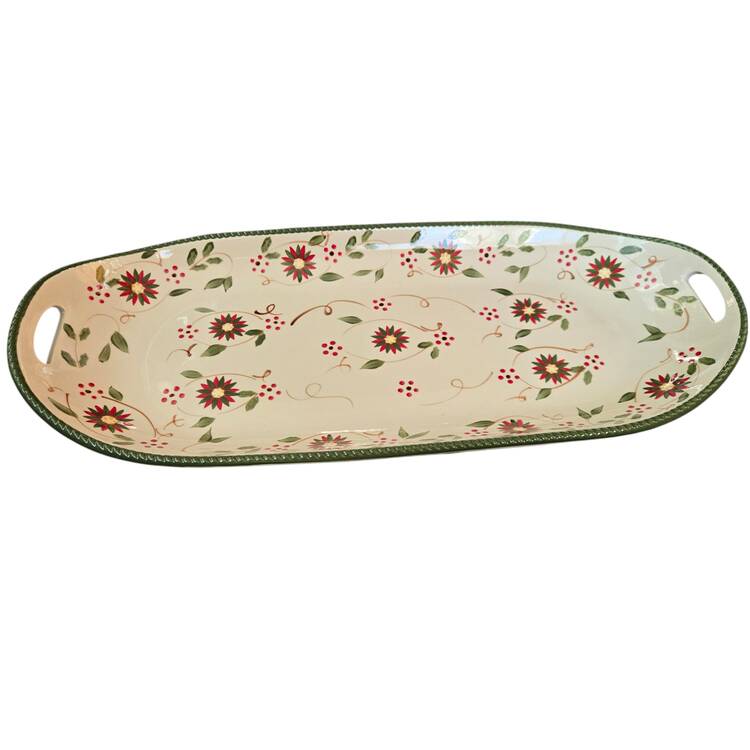 Old World Poinsettia 18" Oval Platter with Upswept Handles