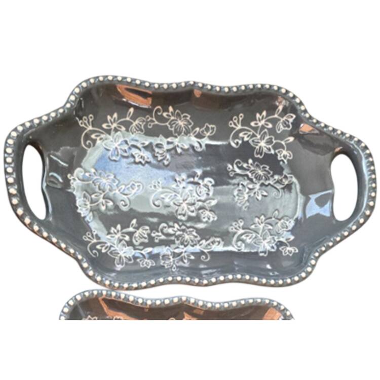Floral Lace Gray 10" Scalloped Handled Tray