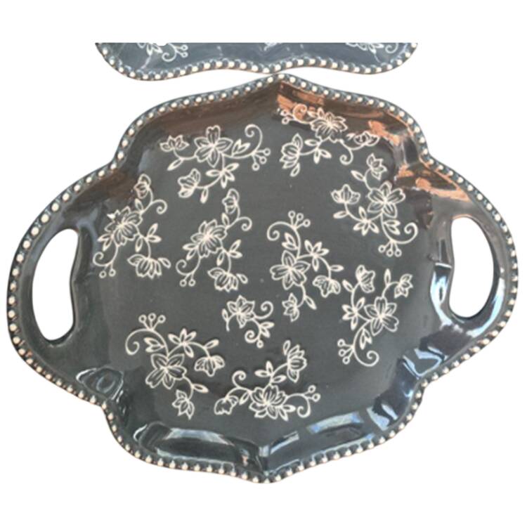Floral Lace Gray 10" Scalloped Handled Tray