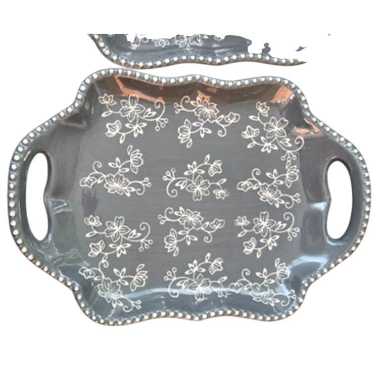 Floral Lace Gray 10" Scalloped Handled Tray