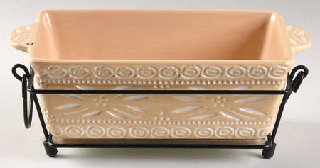 Carved Old World Yellow 10" Rectangular Baker w/Metal Stand