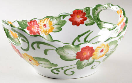 Floral Embroidery 9" Handled Round Serving Bowl
