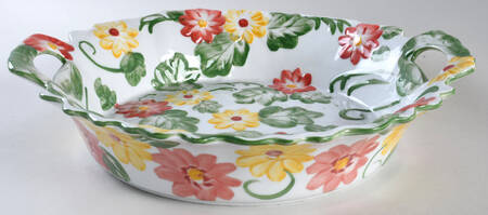 Floral Embroidery 13" Handled Round Serving Bowl