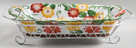 Floral Embroidery 14" Handled Rectangular Baker & Wicker Trivet with Metal Stand