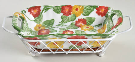 Floral Embroidery 9" Handled Rectangular Baker & Wicker Trivet with Metal Stand