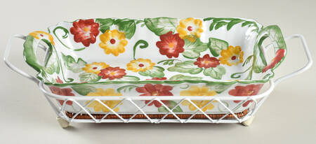 Floral Embroidery 12" Handled Rectangular Baker & Wicker Trivet with Metal Stand