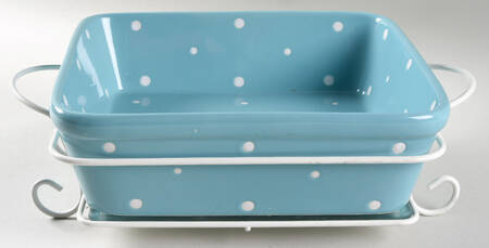 Polka Dot Turquoise 9" Square Baker W/Metal Stand & Glass Trivet