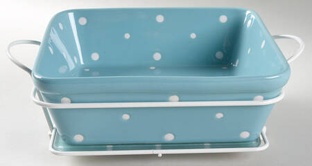 Polka Dot Turquoise 8" Square Baker W/Metal Stand & Glass Trivet