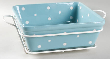 Polka Dot Turquoise 7" Square Baker W/Metal Stand & Glass Trivet