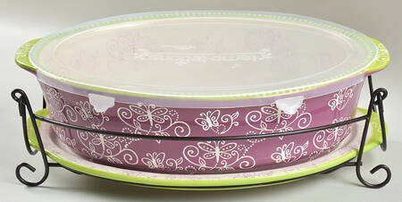Floral Lace Spring 14" Oval Baker W/Plastic Lid, Lid-It & Metal Stand