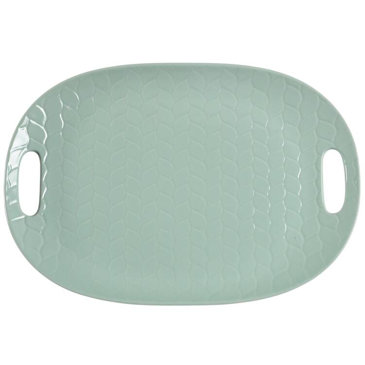 Carved Willow Mint Green 13" Oval Handled Platter