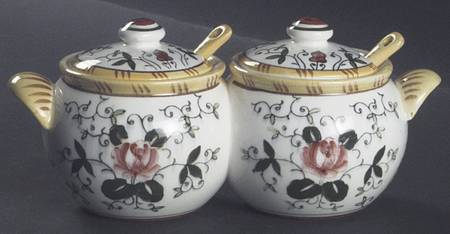 Early Provincial Double Jam/Jelly & Lids w/Spoons