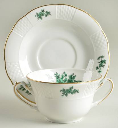 Green Rose Flat Cream Soup Bowl & Saucer Set