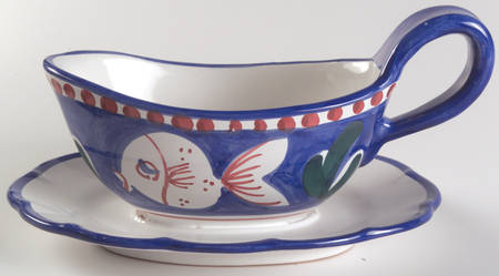 Campagna-Fish Royal Blue (Pesce) Gravy Boat with Attached Underplate by Vietri (Italy)