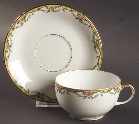 The Meuse (Pink & Yellow Flowers, Green) Flat Cup & Saucer Set