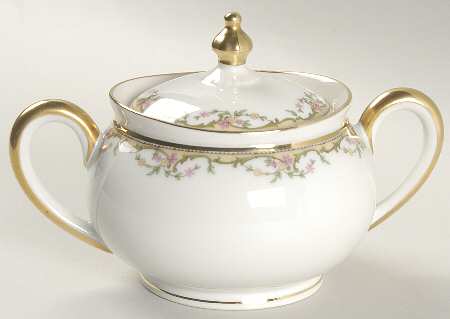 The Meuse (Pink & Yellow Flowers, Green) Sugar Bowl & Lid